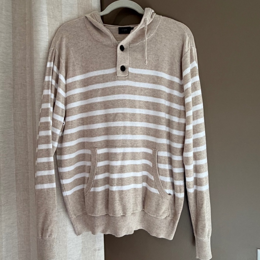 J. Crew Men's Hoodie Tan & Cream Striped Sweater, Size Medium